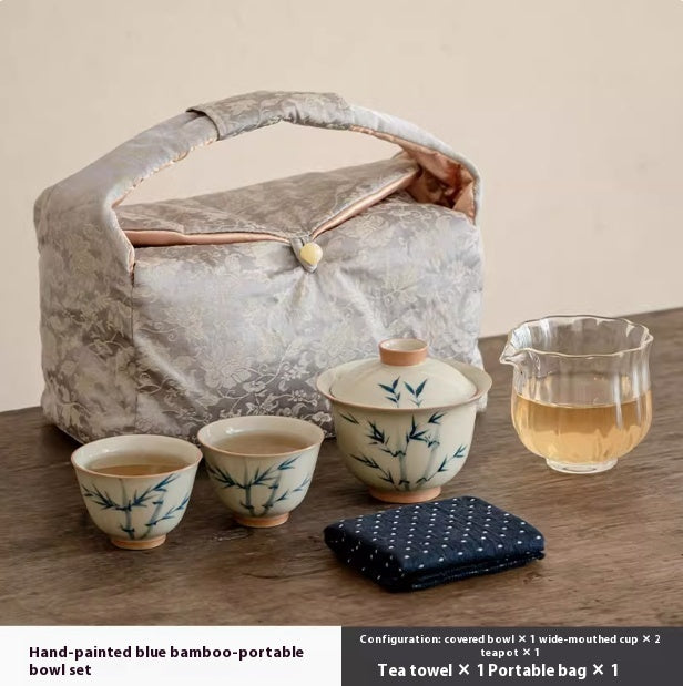 Hand Painted Blue Bamboo Suit Household Porcelain Gaiwan Small Pear Pot Tea Set