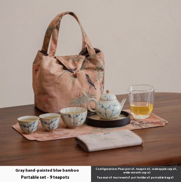 Hand Painted Blue Bamboo Suit Household Porcelain Gaiwan Small Pear Pot Tea Set