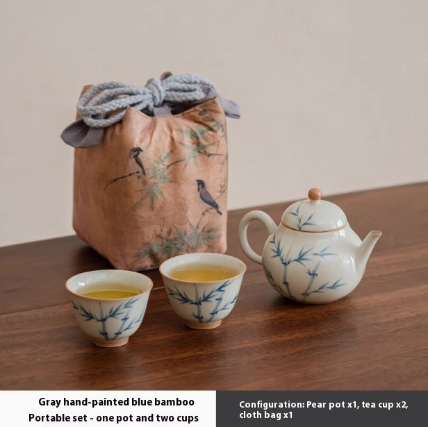 Hand Painted Blue Bamboo Suit Household Porcelain Gaiwan Small Pear Pot Tea Set