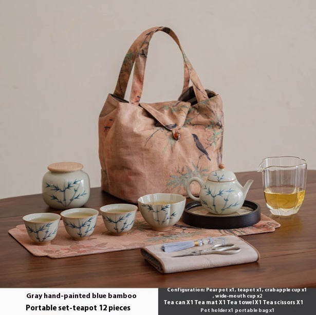 Hand Painted Blue Bamboo Suit Household Porcelain Gaiwan Small Pear Pot Tea Set
