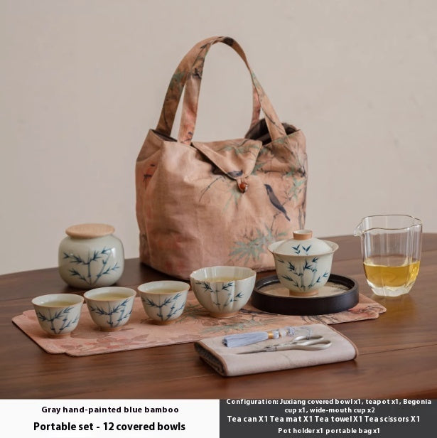 Hand Painted Blue Bamboo Suit Household Porcelain Gaiwan Small Pear Pot Tea Set