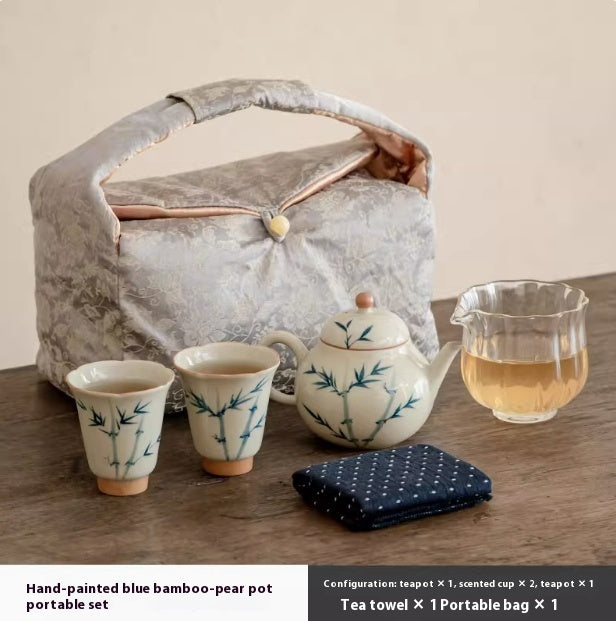 Hand Painted Blue Bamboo Suit Household Porcelain Gaiwan Small Pear Pot Tea Set