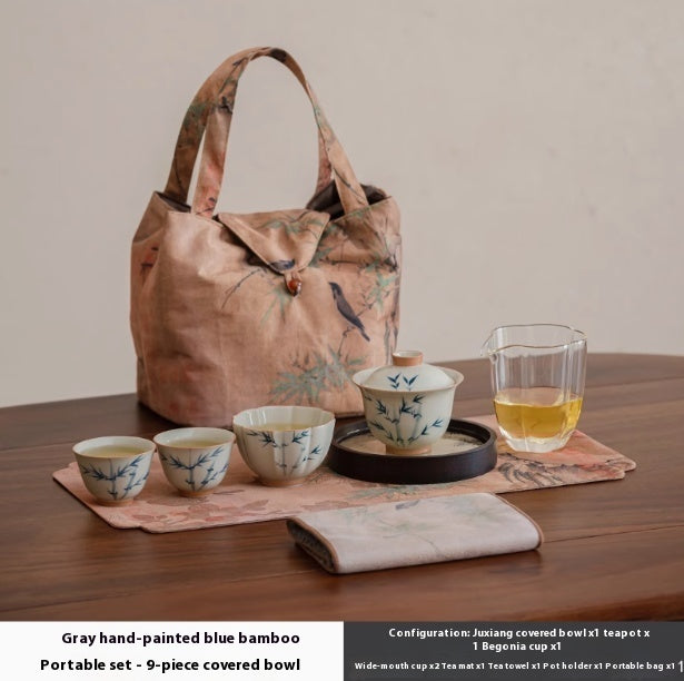 Hand Painted Blue Bamboo Suit Household Porcelain Gaiwan Small Pear Pot Tea Set