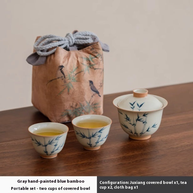 Hand Painted Blue Bamboo Suit Household Porcelain Gaiwan Small Pear Pot Tea Set